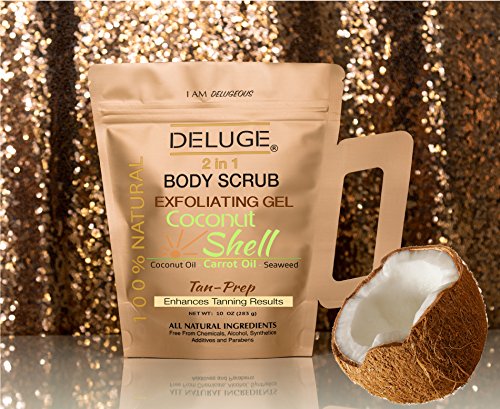 Deluge Coconut Shell Scrub for Cellulite and Stretch Marks, Body Exfoliant and Hydrating Cellulite Treatment with Shea Butter, Coconut Oil and Dead Sea Salt Firms, Tones and Moisturizes Skin (10 oz)