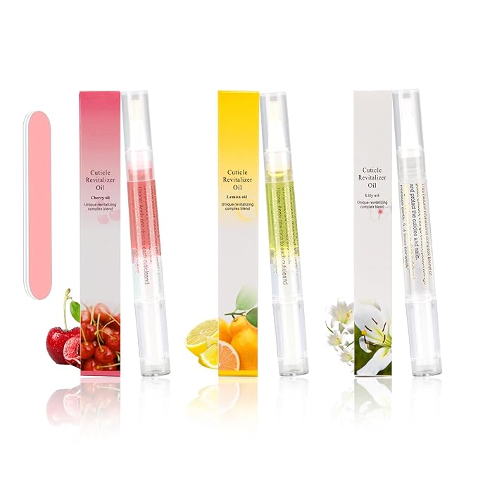 Meschett 3PCS Nail Cuticle Oil Pens with Nail File, Cuticle Oil for Nails from Natural, Nail Oil Cuticle for Cracked and Dry Nail(Lemon & Lily & Cherry Flavor)