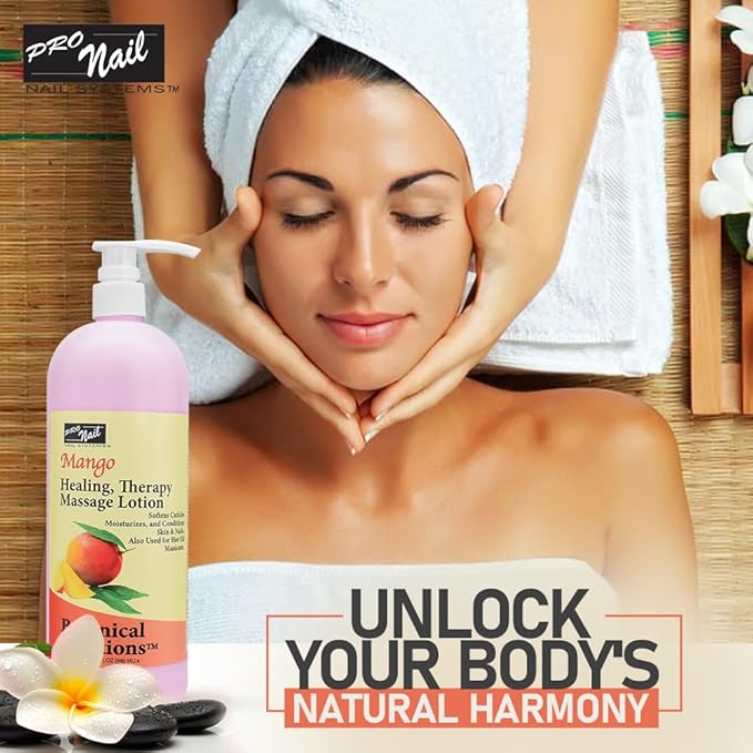 PRO NAIL - Healing Therapy Massage Lotion - Professional Pedicure, Body and Hot Oil Manicure, Infused with Natural Oils, Vitamins, Panthenol and Amino Acids (Mango, 32 Ounce)