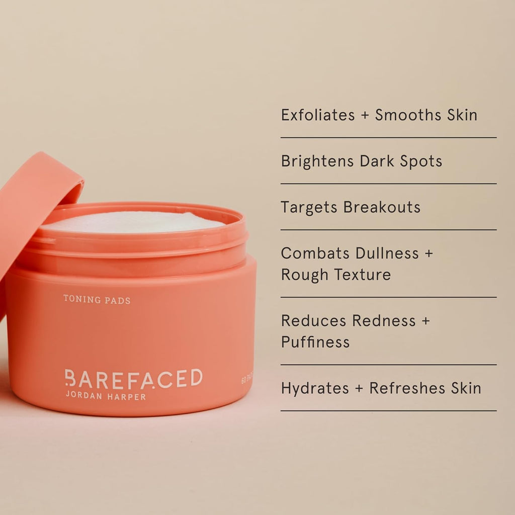 Barefaced Toning Pads (60 count) - Exfoliating Face Pads with 2% Glycolic Acid & Salicylic Acid - Brightens & Cleanses Skin, Clears Pores, Reduces Fine Lines & Wrinkles
