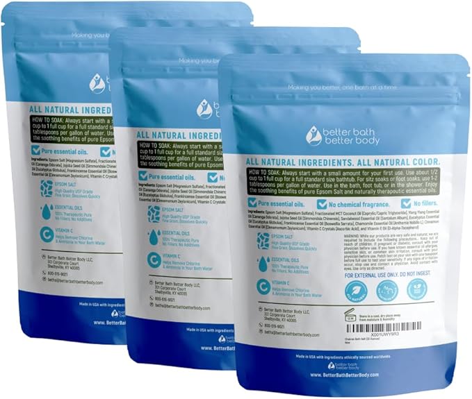 Chakras Bath Salt (3 Pack with Scoop) USP Epsom Salt with Natural Ylang Ylang and Sandalwood Essential Oils Plus Vitamin C in BPA Free Pouch with Easy Press Lock Seal Made in USA Bundle 6 Lbs Total