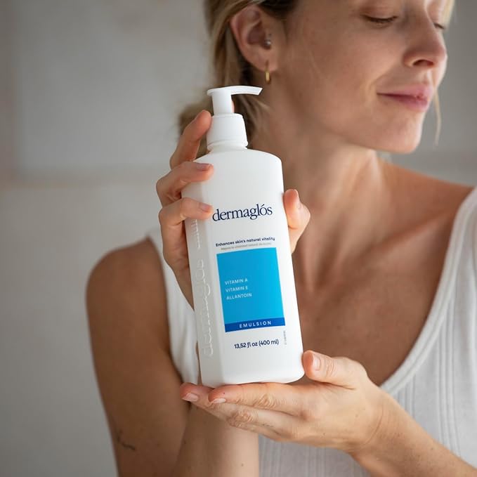 Dermaglos Moisturizing Body Lotion for Dry Skin with Extra Vitamin A, Vitamin E & Allantoin | Hydrating Emulsion & Regenerating formula for Stretch Marks, Tattoos, Scars & Wrinkles | 13.52 Fl Oz