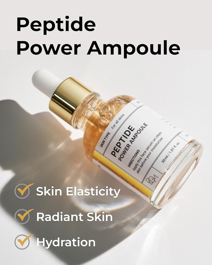 BOM COSMETICS Peptide Power Ampoule 1.01 Fl Oz, Penta-Peptide with 24k Gold Thread and 99% Pure Gold for Skin Collagen Boost, Firming Serum to Improve Elasticity and Radiance, Korean Skin Care