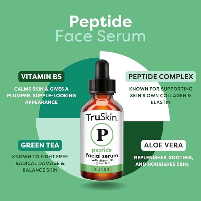 TruSkin Peptide Serum For Face – with Peptides, Amino Acids, Green Tea, Aloe and Vitamins B5 & E – Supports Skin Barrier and Skin’s Natural Collagen, for Firmer-Looking Skin, 1 fl oz