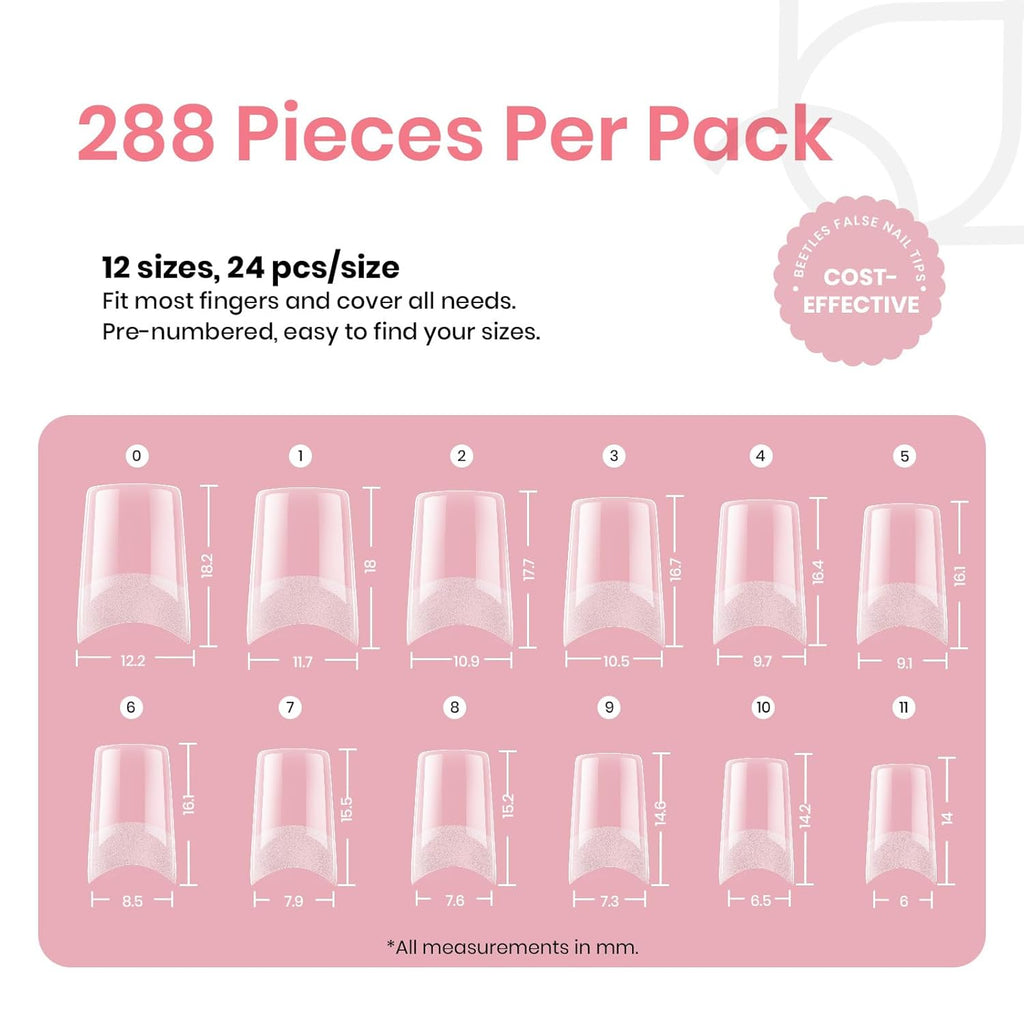 Beetles Gel Nail Tips Kit Etch-X, Square Medium, 288Pcs 12 Sizes, with 10mL Nail Glue, Pre-Etched Half Matte Half Cover Soft Acrylic False Nail Kit for Home DIY Salon Art Fall Press on Nail Extension