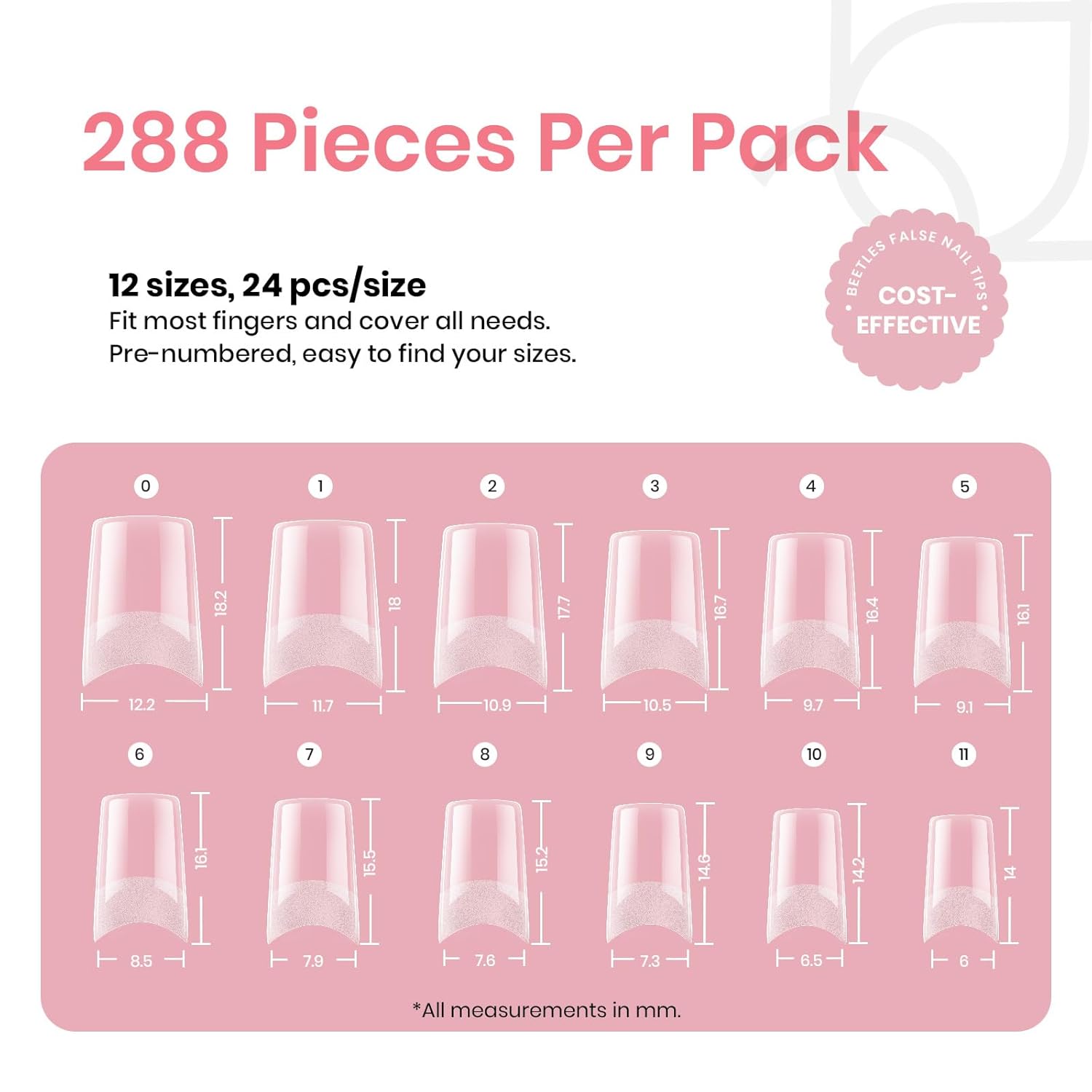 Beetles Gel Nail Tips Kit Etch-X, Square Medium, 288Pcs 12 Sizes, with 10mL Nail Glue, Pre-Etched Half Matte Half Cover Soft Acrylic False Nail Kit for Home DIY Salon Art Fall Press on Nail Extension