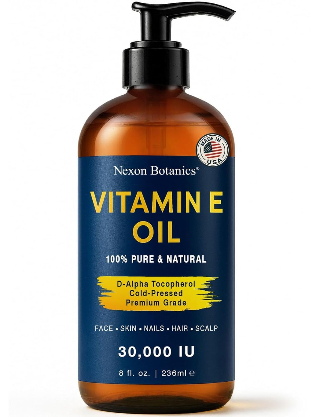 Pure Vitamin E Oil 30,000 IU, 8 fl oz - Cold-Pressed, Hexane Free, Natural Moisturizer for Skin & Face - Supports Scar & Stretch Mark Care by Nexon Botanics