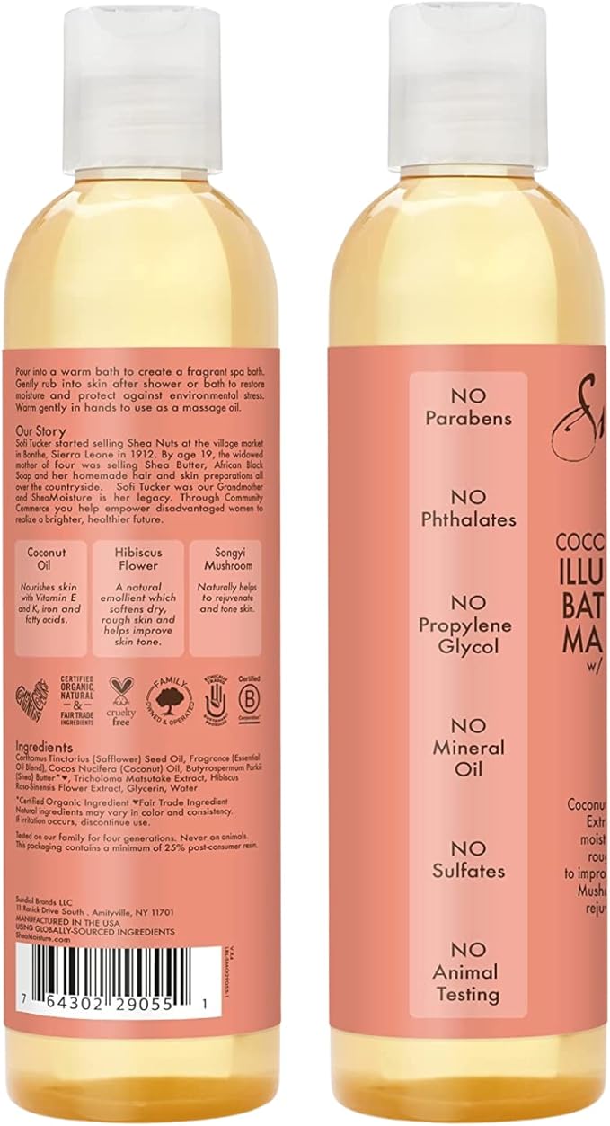 SheaMoisture Bath, Body & Massage Oil, Coconut & Hibiscus, 2-Pack – Illuminating Moisturizer for Dry Skin, 8 Oz Ea