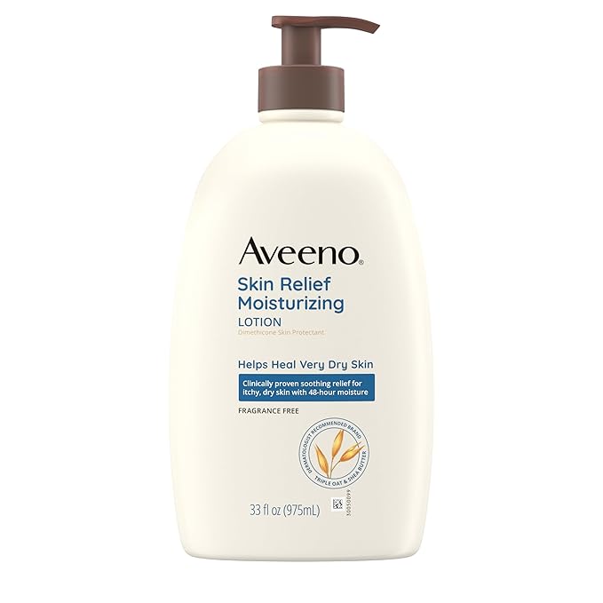 Aveeno Skin Relief Moisturizing Lotion for Very Dry Skin with Soothing Triple Oat & Shea Butter Formula, Dimethicone Skin Protectant Helps Heal Itchy, Dry Skin, Fragrance-Free, 33 fl. oz