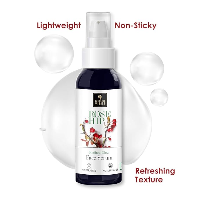 Good Vibes Rosehip Face Serum | Hydrating & Nourishing Formula for Smooth, Even Skin | Rich in Antioxidants & Natural Oils | Lightweight, Non-Greasy | No Parabens or Sulphates | 1.01 Fl Oz (30ml)