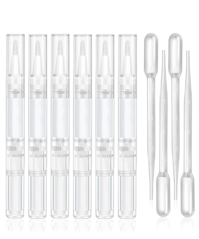 6 Pcs 3ml Empty Cuticle Oil Pen with 4 Pcs Transfer Pipettes - Transparent Nail Oil Twist Pens with Brush Tip for Nail Oil, Eyelash Growth Liquid, Cosmetic Lip Gloss Container Applicators