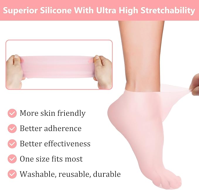 2Pairs Silicone Socks for Dry Cracked Feet Women,Non-Slip Moisturizing Foot Mask Exfoliating Socks,Cracked Heel Treatment and Silicone Moisturizing Foot Socks for Women - Pink + White