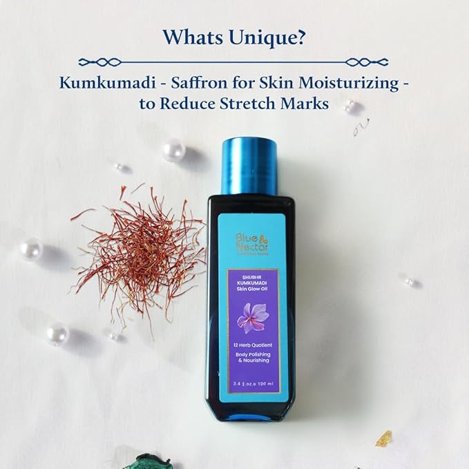 Blue Nectar Kumkumadi Body Oil for Glowing, Dry Skin | Moisturizing With Relaxing Aroma | Plant Based for Women & Men (12 Herbs, 3.4 fl oz)
