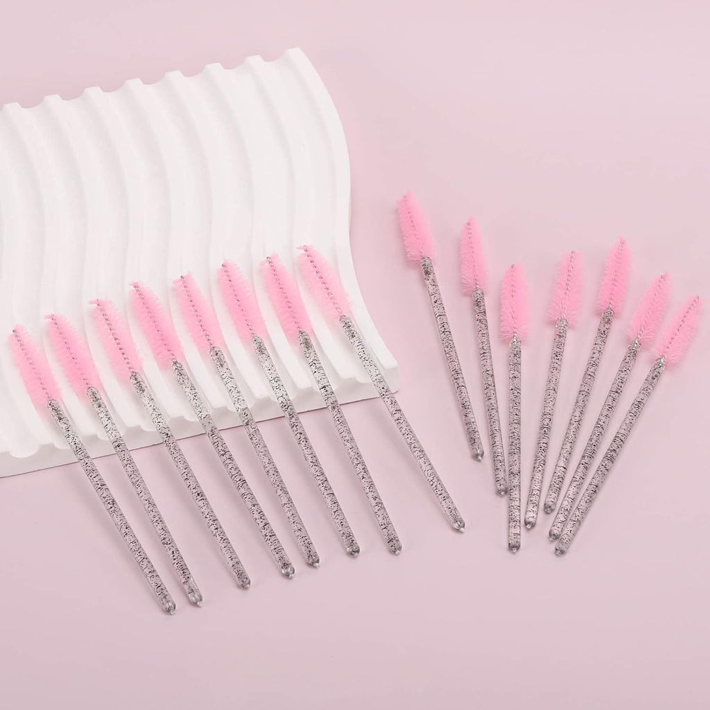 Tbestmax 300 Pcs Disposable Spoolies, Mascara Wand Eyelashes Brushes Applicator for Eyebrow Eye Lash Extension Black Stick Pink Head