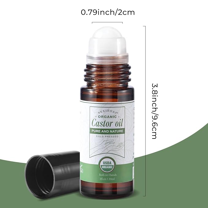 Castor Oil Roll on for Waist Belly Body Skin, Certified Organic Pure Cold Pressed Body Castor Oil Roller Stick Glass Bottle - 1fl.oz