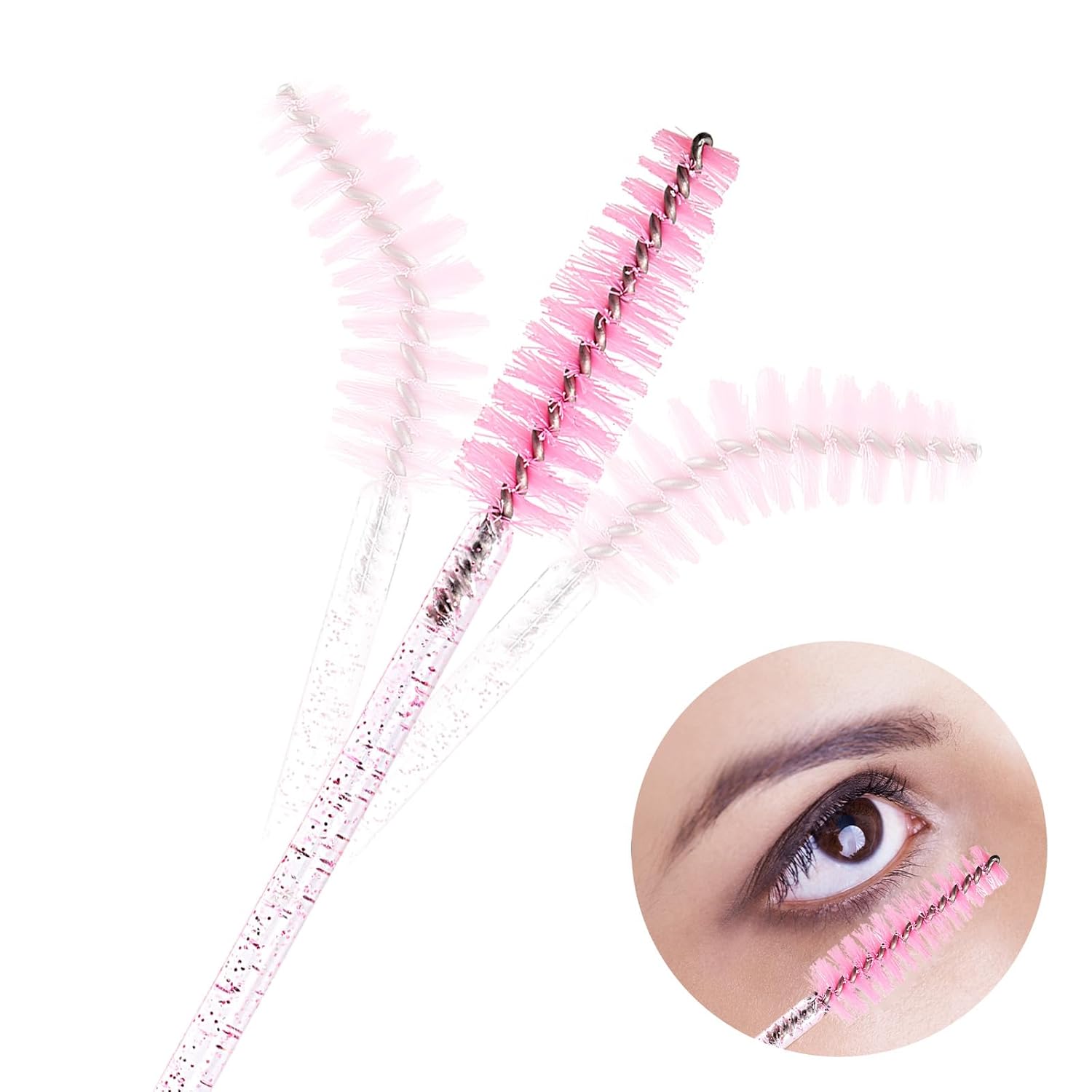 Tbestmax 800 Disposable Mascara Wands, Spoolies Brush for Eyelash Extensions, Crystal Pink Spooly Eyelash Eyebrow Brushes Lash Wand Applicator Makeup Kits