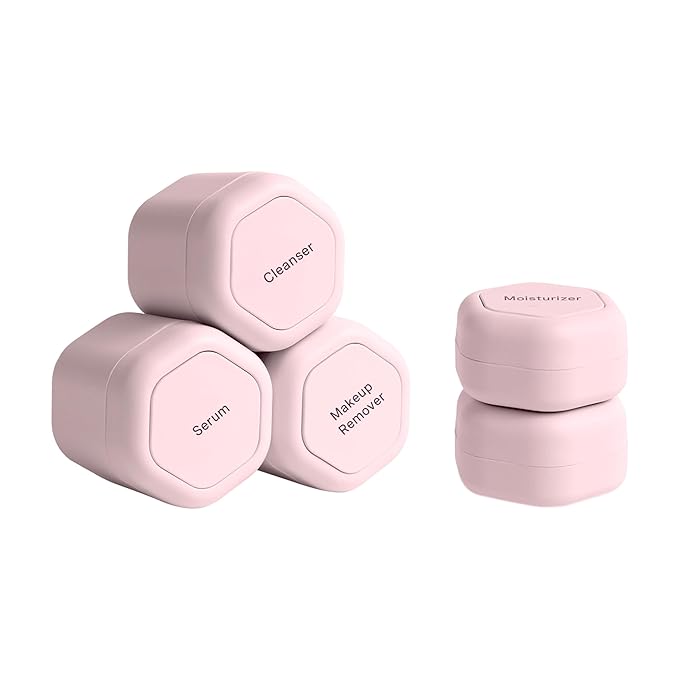 Cadence Travel Containers - Core Skincare Set - Magnetic Travel Capsules - 2 Small (0.56oz) & 3 Medium Capsules (1.32oz) with Cleanser, Moisturizer, Serum, Makeup Remover & Sun-Icon Label - Petal