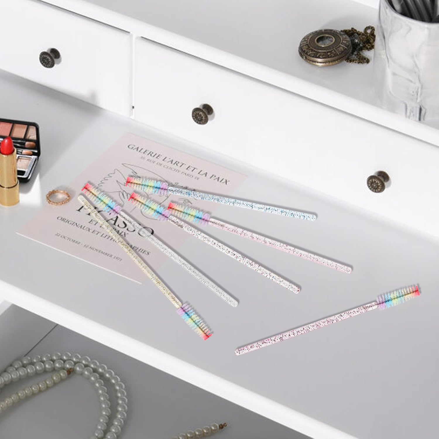 300PCS Disposable Mascara Wands Spoolie Brush Crystal Eyebrow Brushes Eyelash Extension Applicator Makeup Kits.myaokue-up (Rainbow Heads 6 Color Mix)
