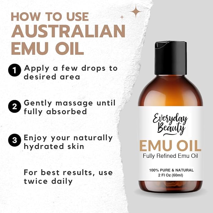 Pure Australian Emu Oil - All Natural 6X Refined for Face, Skin and Hair - Highly Effective Hydration for Sensitive Skin and Hair Growth - Perfect for Scars and Blemishes - 2 Fl Oz