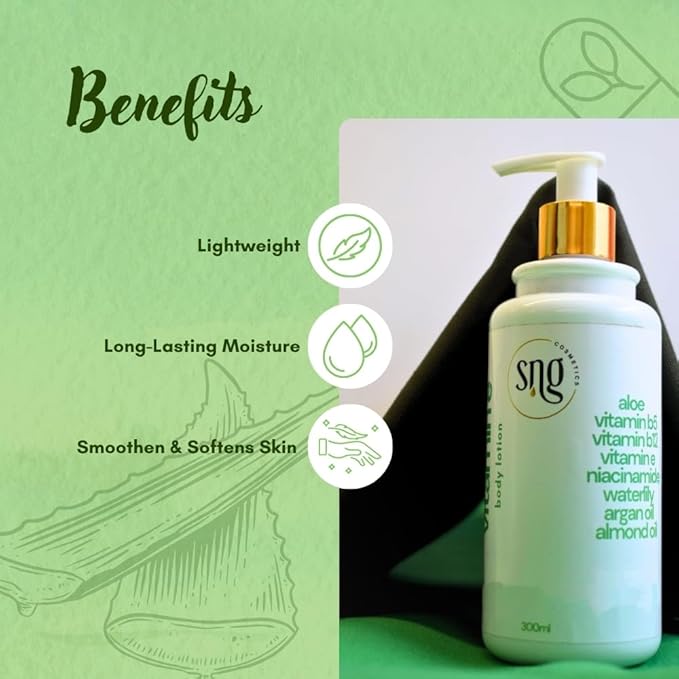 Aloe Vera & Vitamin E Body Lotion 300 ml - Deep Moisturization Waterlily, Argan oil and Almond oil Extracts Suitable All Skin Types