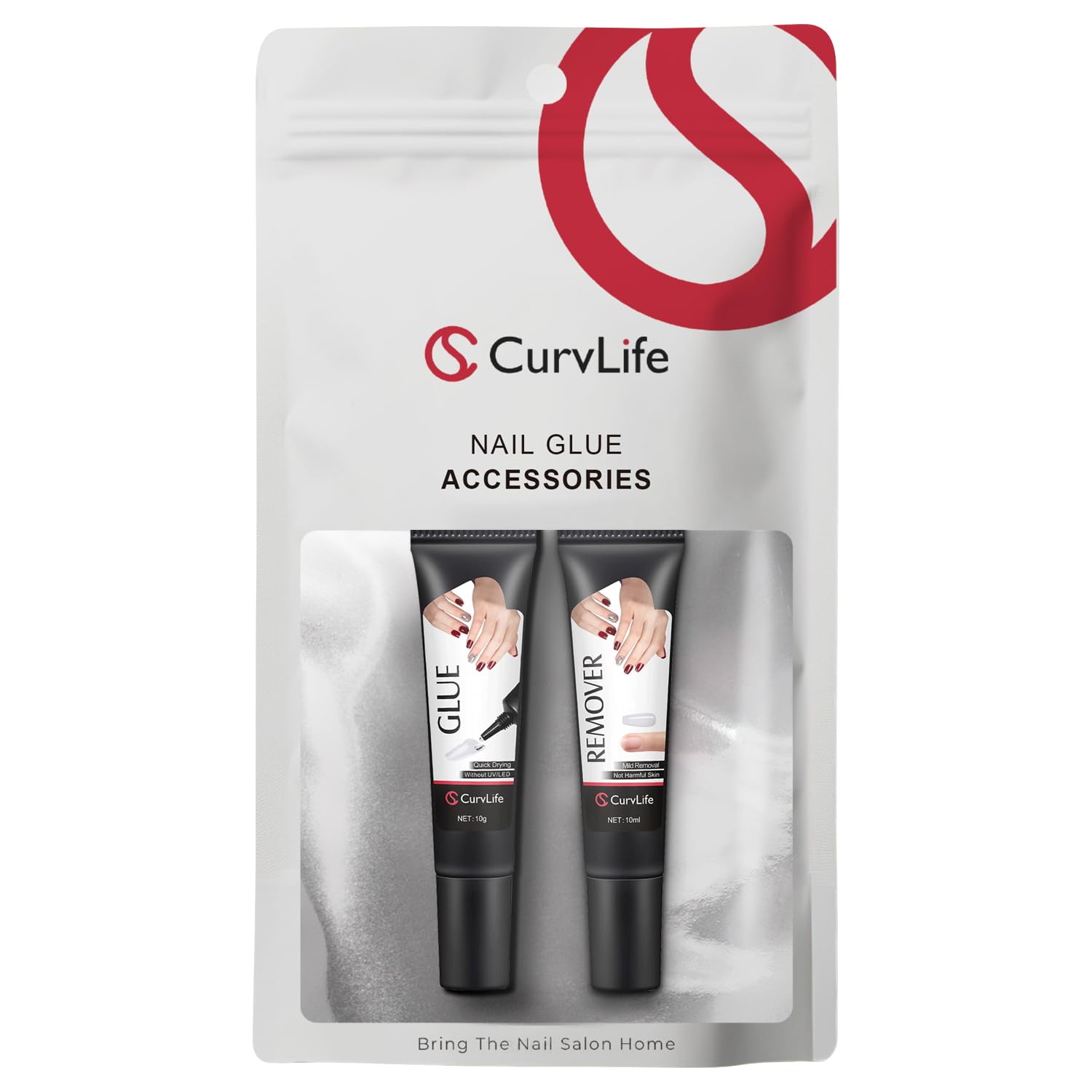 Curvlife Quick Drying 10g Semi Solid Nail Glue Gel with 10ml Remover with Cuticle Pusher Nail Art for Press On Nails Tips No Need for UV Lamp Long Lasting