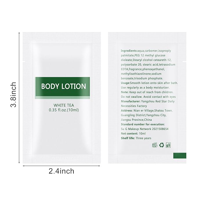 200 pack Travel Size Body Lotion Bulk Individually Wrapped - Refreshing Mini Lotion Single Use Supplies for Homeless Care Hotel Guests, White Tea Scent,0.35 fl oz/10ml