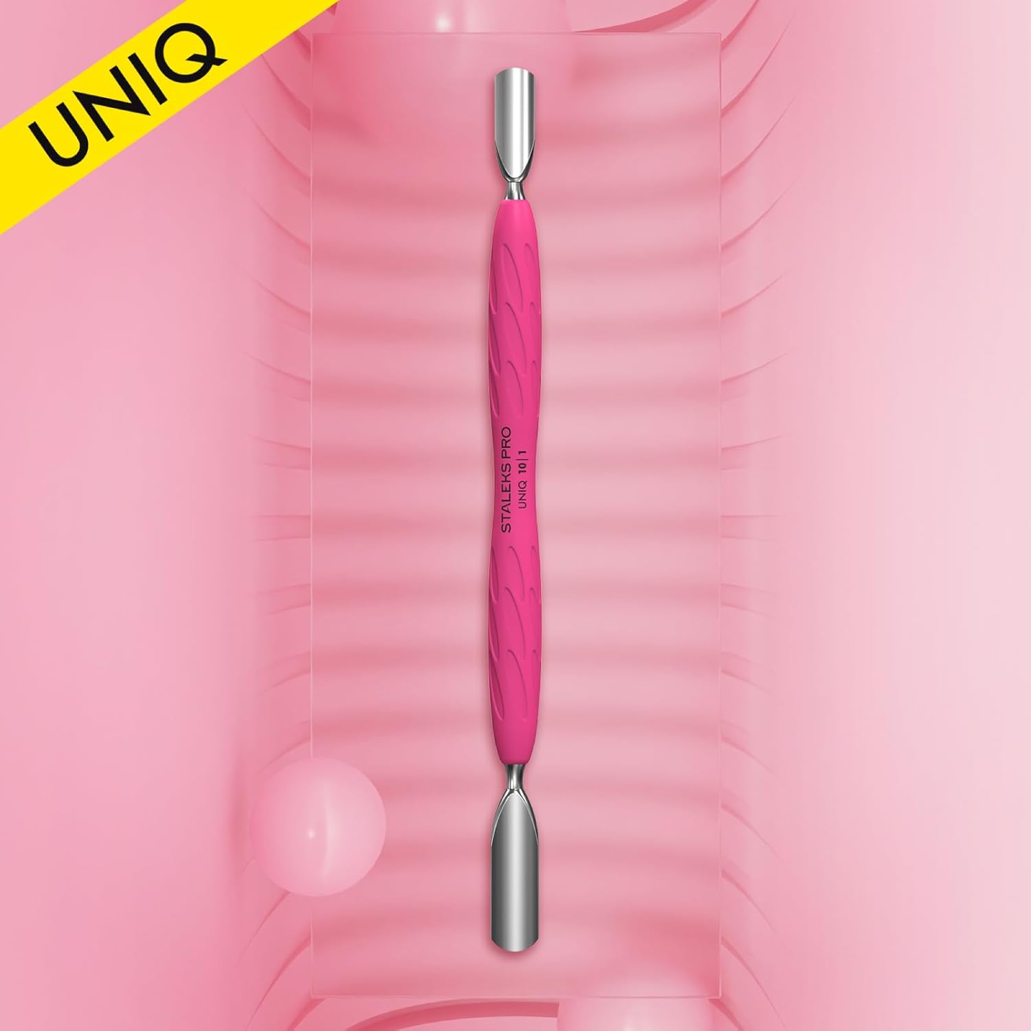 Staleks Manicure pusher Gummy with silicone handle UNIQ 10 TYPE 1 – Stainless Steel – Professional Cuticle Tool (rounded wide and rounded narrow pusher)