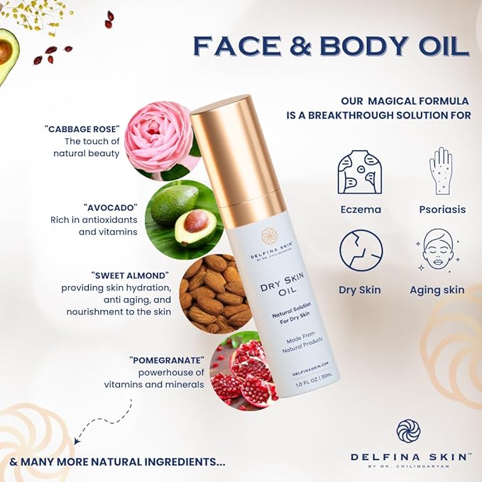 Delfina Dry Skin Oil - Eczema Psoriasis Treatment for Skin | Fast Absorbing and More Effective than Lotion for Extremely Dry Cracked Irritated Skin | Safe for All Ages