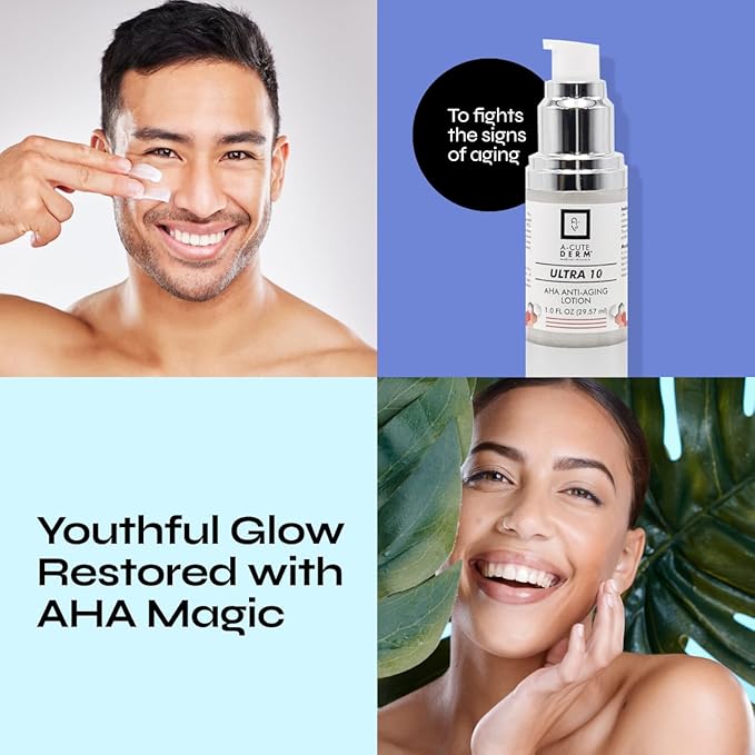 A-Cute Derm Ultra 10 AHA Anti-Aging Lotion for Exfoliation Simple and Effective for Face and Body (1 OZ)