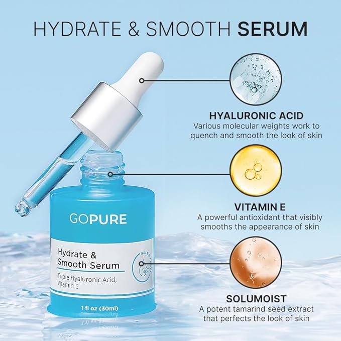 goPure Actives Hyaluronic Acid Serum with Vitamin E - Natural Glow Serum for Visibly Brighter, Hydrated Skin, Anti-Aging Serum to Smooth the Appearance of Wrinkles and Promote a Firmer-Look - 1 fl oz
