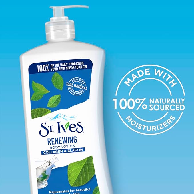 St. Ives Renewing Hand & Body Lotion for Women with Pump, Daily Moisturizer Collagen Elastin for Dry Skin, Made with 100% Natural Moisturizers, 21 fl oz, 4 Pack