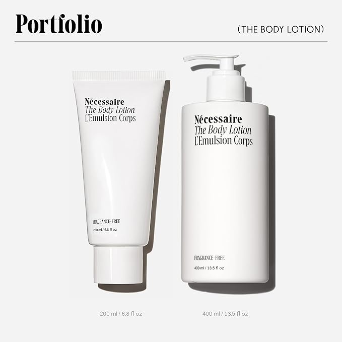 Nécessaire The Body Lotion Fragrance-Free. Firming Body Lotion for Women & Men. 48 Hour Moisture. 5 Peptides, 2.5% Niacinamide, Vitamin C/E + Omega 6/9. Non-Comedogenic. 6.8 fl oz.