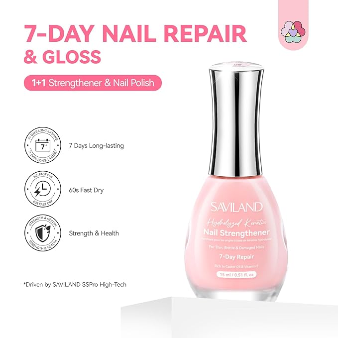 SAVILAND Advanced Nail Strengthener: Pink Air Dry Natural Concealer Foundation Polish Nail Growth for Damaged Nails Repair Weak & Thin Nails with Castor Oil & Vitamin E 15ml Women Gift