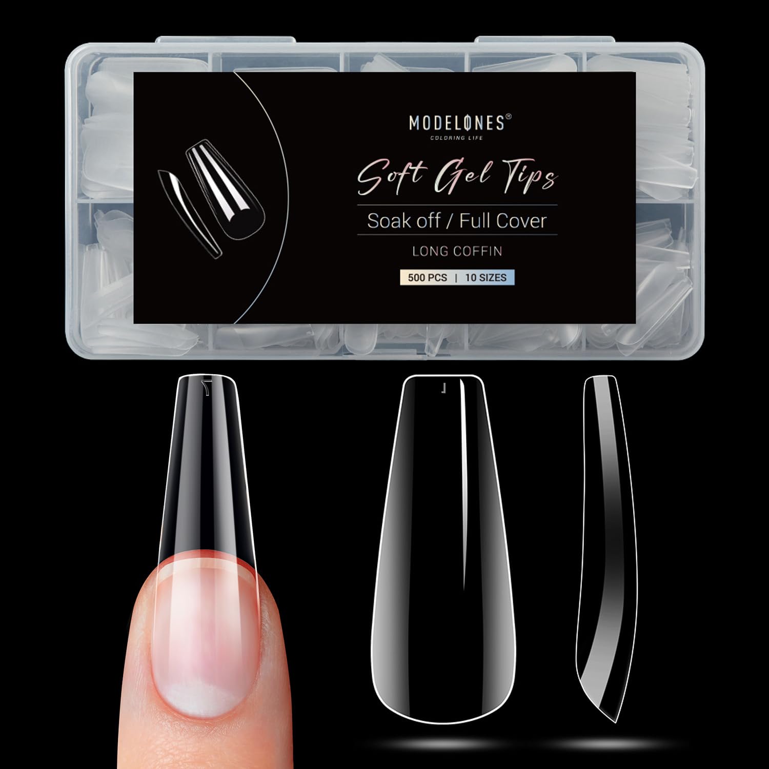 Modelones Long Coffin Nail Tips - 500Pcs Fake Nails Gel Clear Soft Acrylic Press on Pre-shape Full Cover Gel Extension Home DIY Salon Art Design 10 Sizes