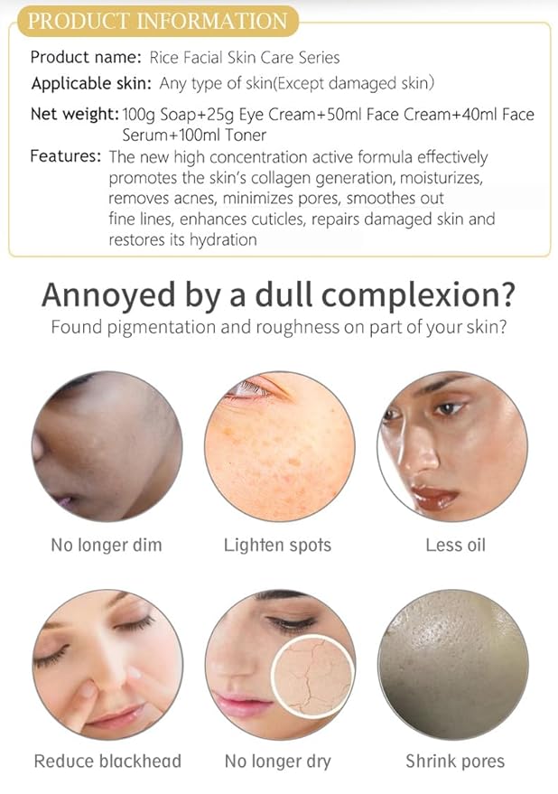 AICHUN BEAUTY Organic Rice Facial Skin Care Set Hydrate Rejuvenating Essence Soap Toner Face Serum Eye Cream Gift Box 100g+100ml+40ml+50ml+25ml 5PCS