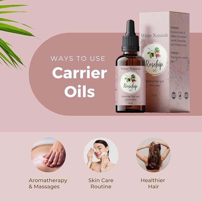 White Naturals Organic Rosehip Seed Oil Cold Pressed, Unrefined 100% Pure Rose Hip Carrier Oil, Natural Moisturizer For Body Face Hair Skin Massage & Nails, Facial Serum Anti-Aging Treatment 4 oz