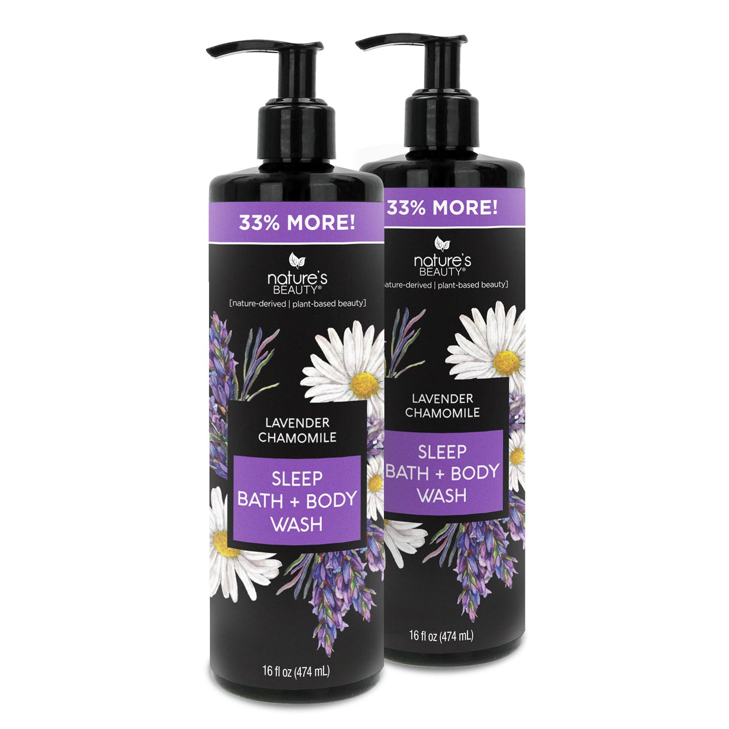 Nature's Beauty Lavender Chamomile Sleep Body Wash for Women Multi-Pack- Gentle Bath + Body Cleanser, Sooth and Calm Combination to Dry Skin Made w/Coconut, Jojoba + Moringa Seed Oils 16floz (2 Pack)