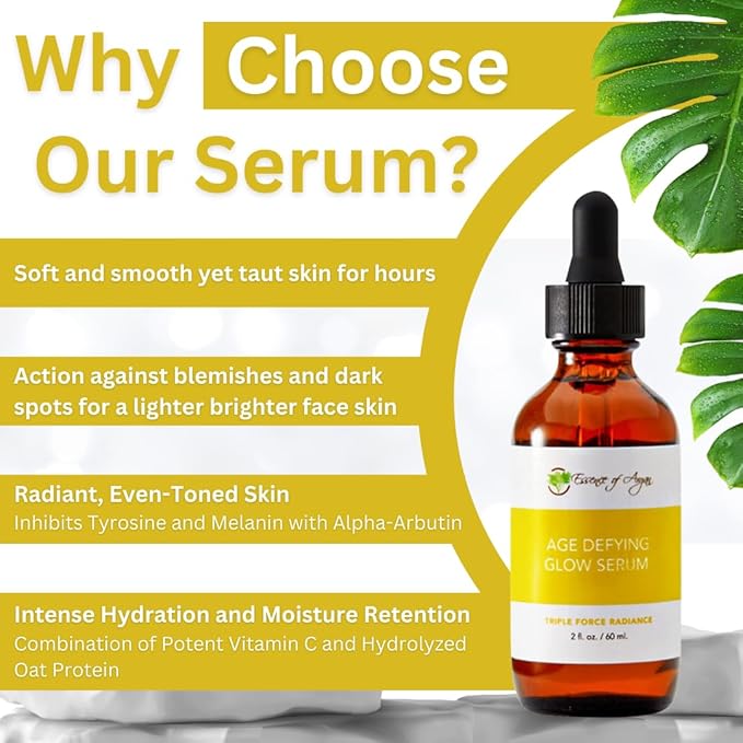 Essence of Argan Glow Face Serum Vitamin C with Alpha Arbutin Matrixyl & Oat Protein for a Firmer Radiant Skin Face Brightening (2 fl oz/60 ml)