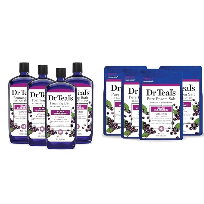 Dr Teal's Foaming Bath with Pure Epsom Salt, Black Elderberry with Vitamin D, 34 fl oz (Pack of 4) (Packaging May Vary) & Pure Epsom Salt Soak, Black Elderberry with Vitamin D, 3 lbs (Pack of 4)