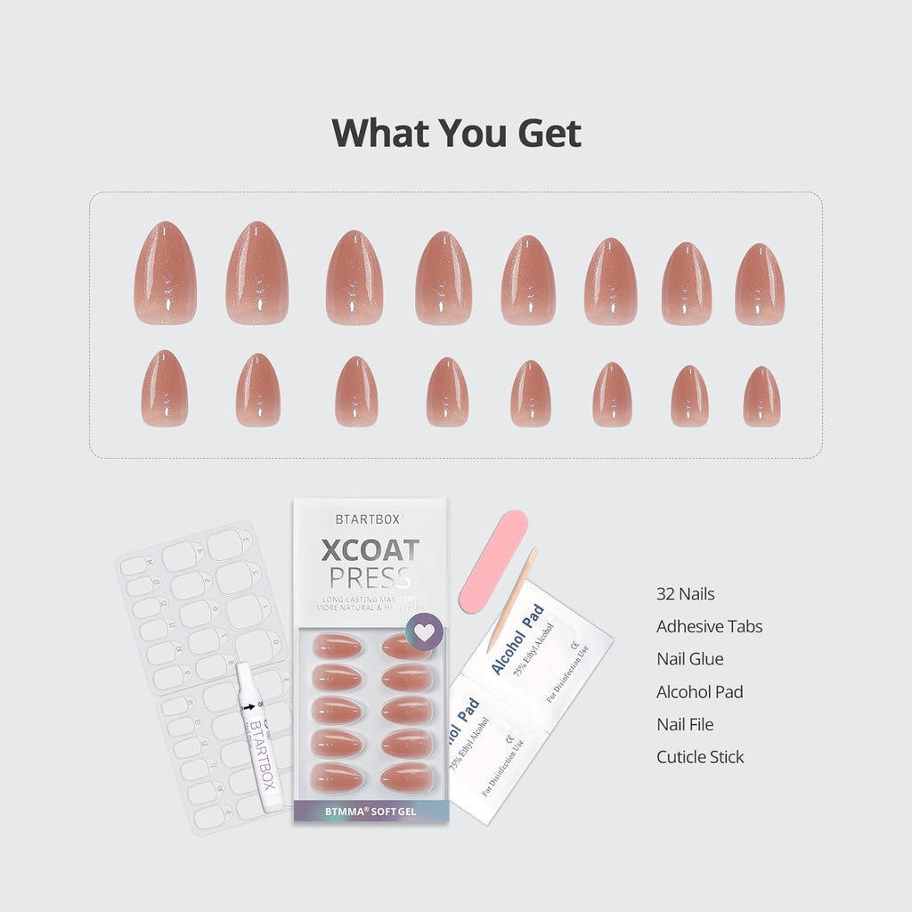 BTArtbox Press On Nails Short - Lamp-Curable Sparkly Almond Press On Nails with Glue for Women, Semi-Transparent Soft Gel Glue On Nails in 16 Sizes - 32 Stick On Nails Kit, Citrine Glow