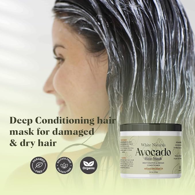 White Naturals Avocado Hair Mask Infused with Biotin for Growth and Volume, Deep Conditioning Cream for Healthy Hydrated Thick Hair, Nourishing Avocado Oil Cream to Help Restore Damaged Tips