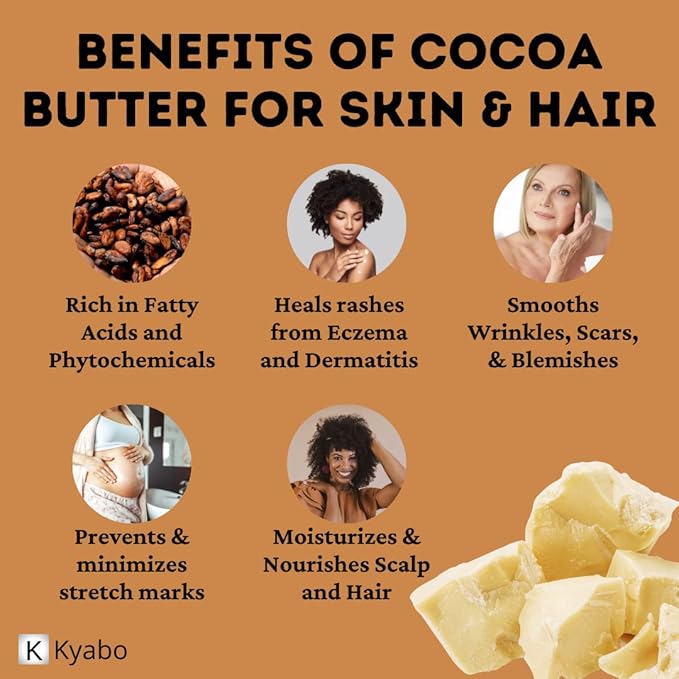 Kyabo 100% Pure and All Natural Cocoa Butter - 3lb - Food Grade - great for making lip balm, cream, hair products, candle, hair removal and craft projects - Made with Organic Cacao