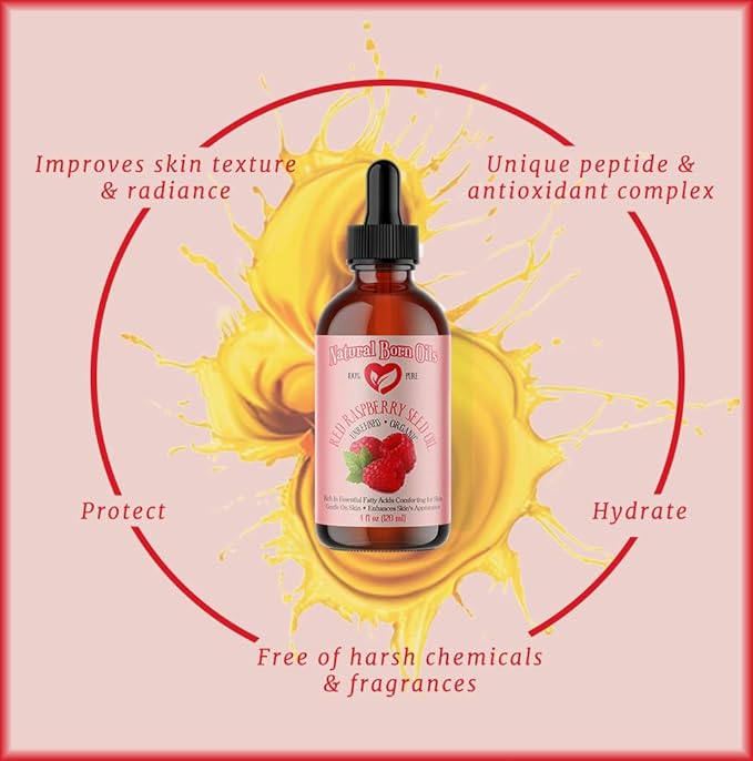 Natural Born Oils Red Raspberry Seed Oil, 4oz, Organic, Cold-Pressed, Packed with Antioxidants, Great for Skin Hydration, Hair Vitality