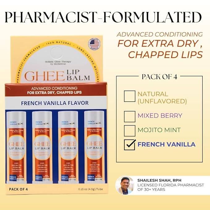 All Natural Lip Balm For Very Dry Lips | Hydrating & Moisturizing Lip Balm with Shea Butter, Ghee, Jojoba Oil, Coconut Oil | Chapped Lips & After Sun Care | BioSerene (4.5 gms/tube, French Vanilla)