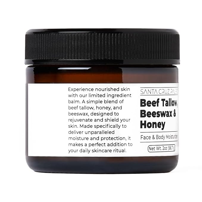 Santa Cruz Paleo Beef Tallow for Skin, Grass Finished & Grass Fed Beef Tallow and Honey Balm Body & Face Moisturizer, Organic Beeswax and Organic Honey, Light Scent, Moisturizing Natural Formula, 2 Oz