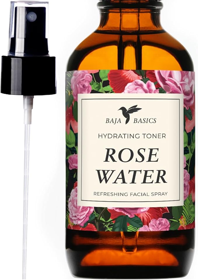 Rose Water Spray Facial Toner by Baja Basics for Skin, Hair and Aromatherapy Large 4oz
