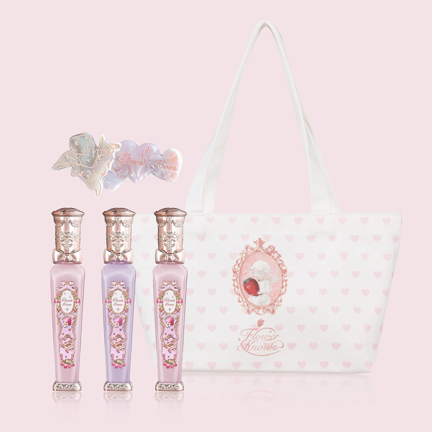 Flower Knows Violet Strawberry Rococo Glowy Lip Gloss 3-Piece Set,G01+G02+G03 with Canvas Tote Bag & Hair Clip,Moisturizing Lip Oil,Hydrating Lip Plumper Makeup for Girls & Women