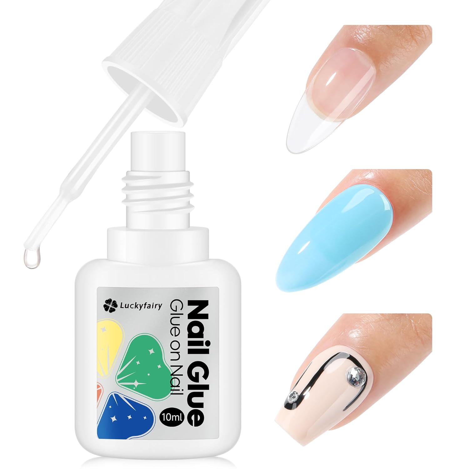 Super Strong Nail Glue 10ML for Press On Nails - No UV Light Needed, Brush On Bond for Acrylic Tips, Long Lasting Professional 0.33oz