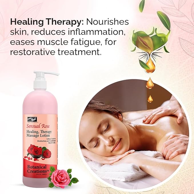 PRO NAIL - Healing Therapy Massage Lotion - Professional Pedicure, Body and Hot Oil Manicure, Infused with Natural Oils, Vitamins, Panthenol and Amino Acids (Sensual Rose, 32 Oz)