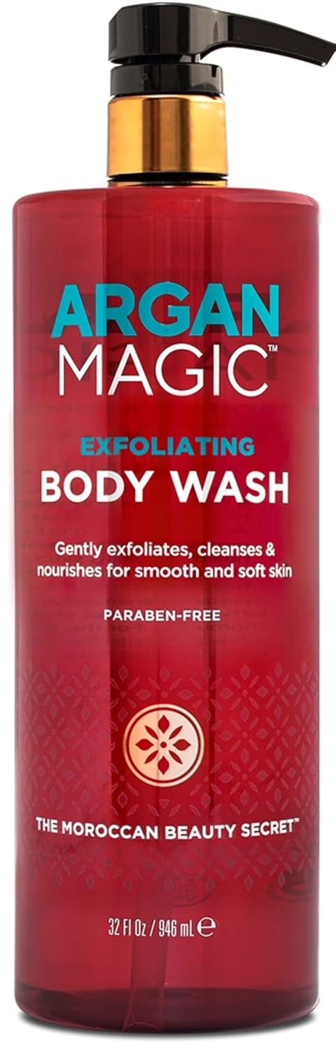 Argan Magic Exfoliating Body Wash - Exfoliates Cleanses Nourishes & Hydrates to Soften Skin - With Lactic Acid, Glycolic Acid, & Argan Oil | Gentle & Paraben Free (32 oz)